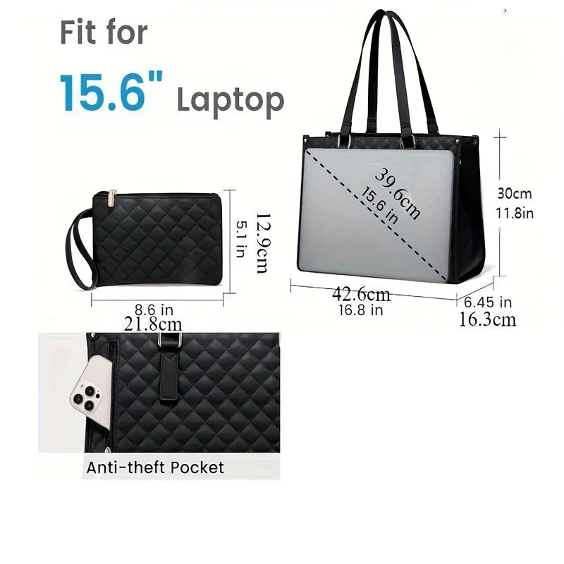 Lunch Handbag, 39.62 cm Laptop Bag with Insulated Lunch Compartment, Quilted Large Capacity Computer Tote Bag with Wallet
