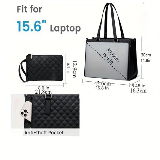 Lunch Handbag, 39.62 cm Laptop Bag with Insulated Lunch Compartment, Quilted Large Capacity Computer Tote Bag with Wallet