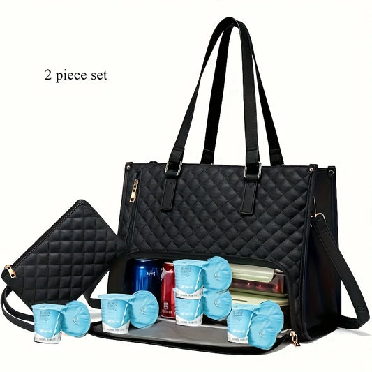 Lunch Handbag, 39.62 cm Laptop Bag with Insulated Lunch Compartment, Quilted Large Capacity Computer Tote Bag with Wallet