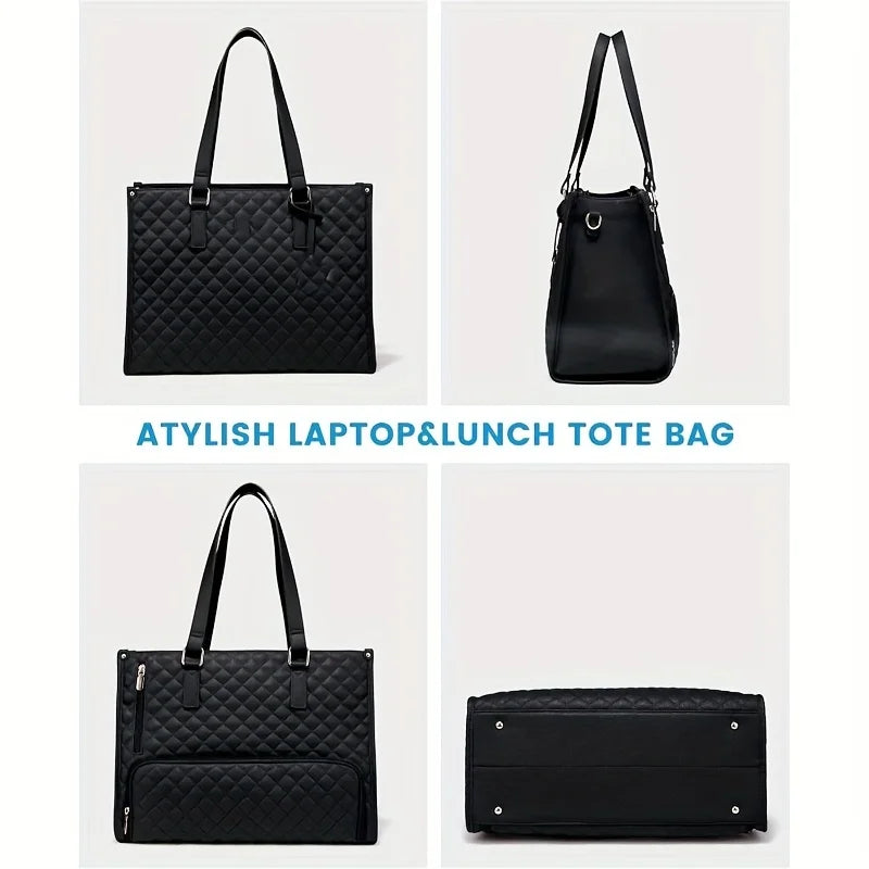 Lunch Handbag, 39.62 cm Laptop Bag with Insulated Lunch Compartment, Quilted Large Capacity Computer Tote Bag with Wallet