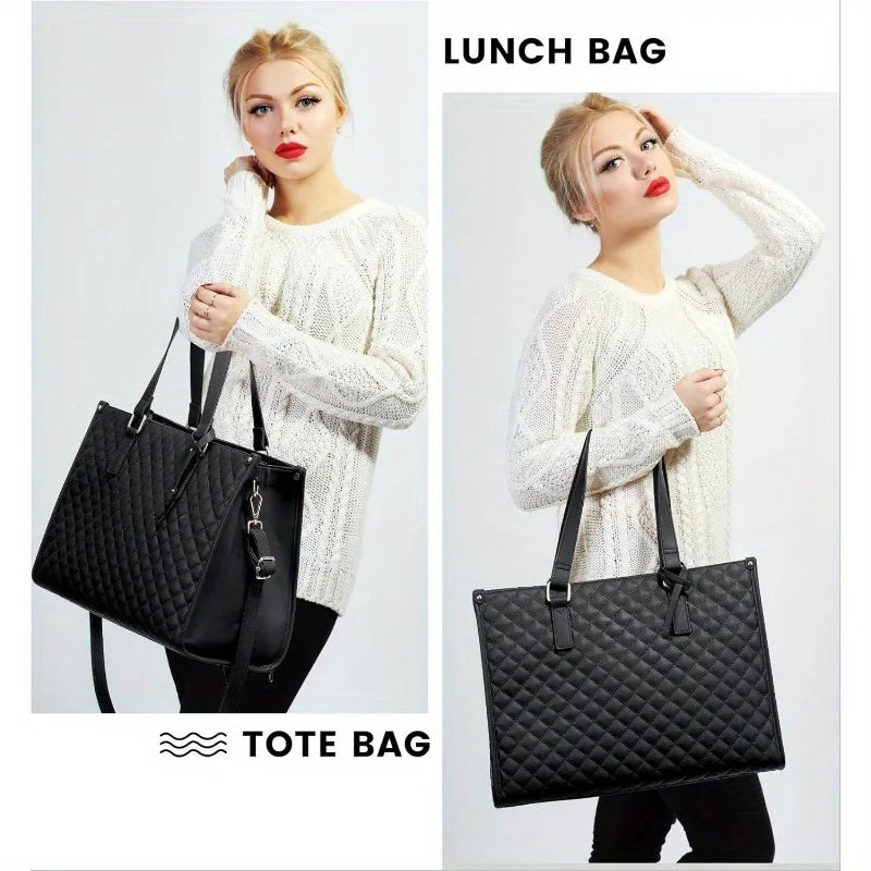 Lunch Handbag, 39.62 cm Laptop Bag with Insulated Lunch Compartment, Quilted Large Capacity Computer Tote Bag with Wallet