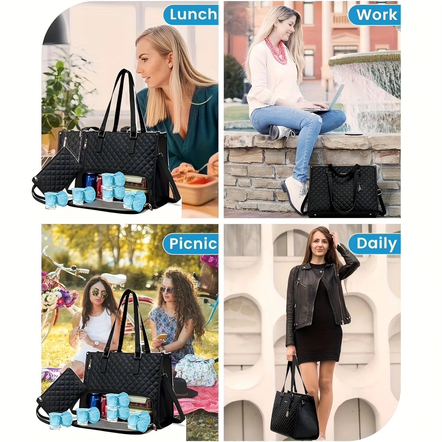 Lunch Handbag, 39.62 cm Laptop Bag with Insulated Lunch Compartment, Quilted Large Capacity Computer Tote Bag with Wallet
