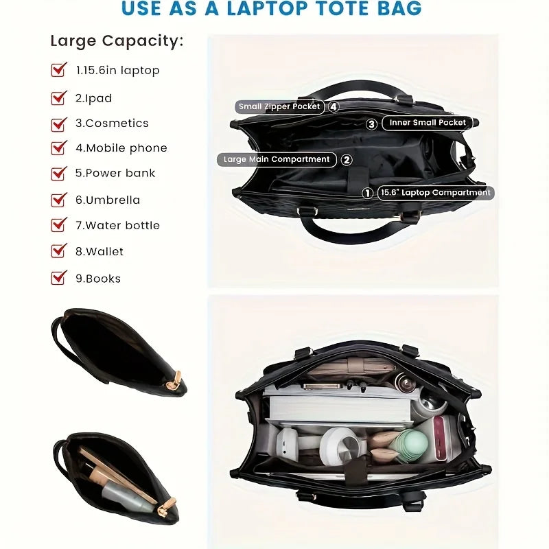Lunch Handbag, 39.62 cm Laptop Bag with Insulated Lunch Compartment, Quilted Large Capacity Computer Tote Bag with Wallet